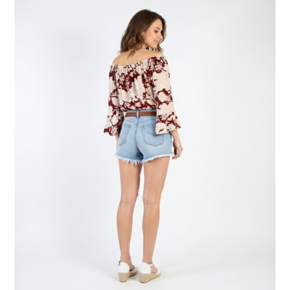 *Papaya Off the Shoulder Cropped 3/4 Sleeve Blouse